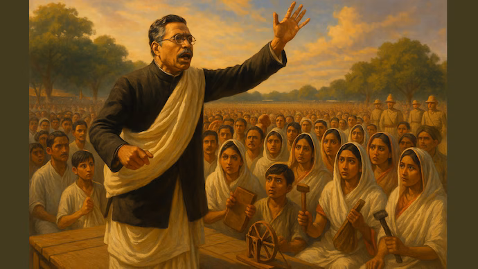 Painted illustration showing a bespectacled man in a dark coat and white dhoti speaking from a wooden platform with one arm raised, before a seated crowd of men, women and children, some holding a spinning wheel and tools, with uniformed figures at the rear.